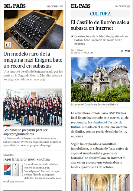 Screenshots of EL PAÍS mobile site